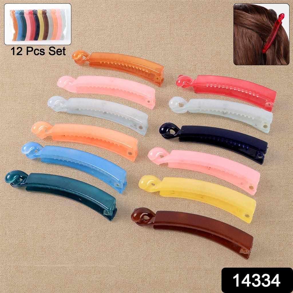Multicolor plastic banana hair clip collection displayed