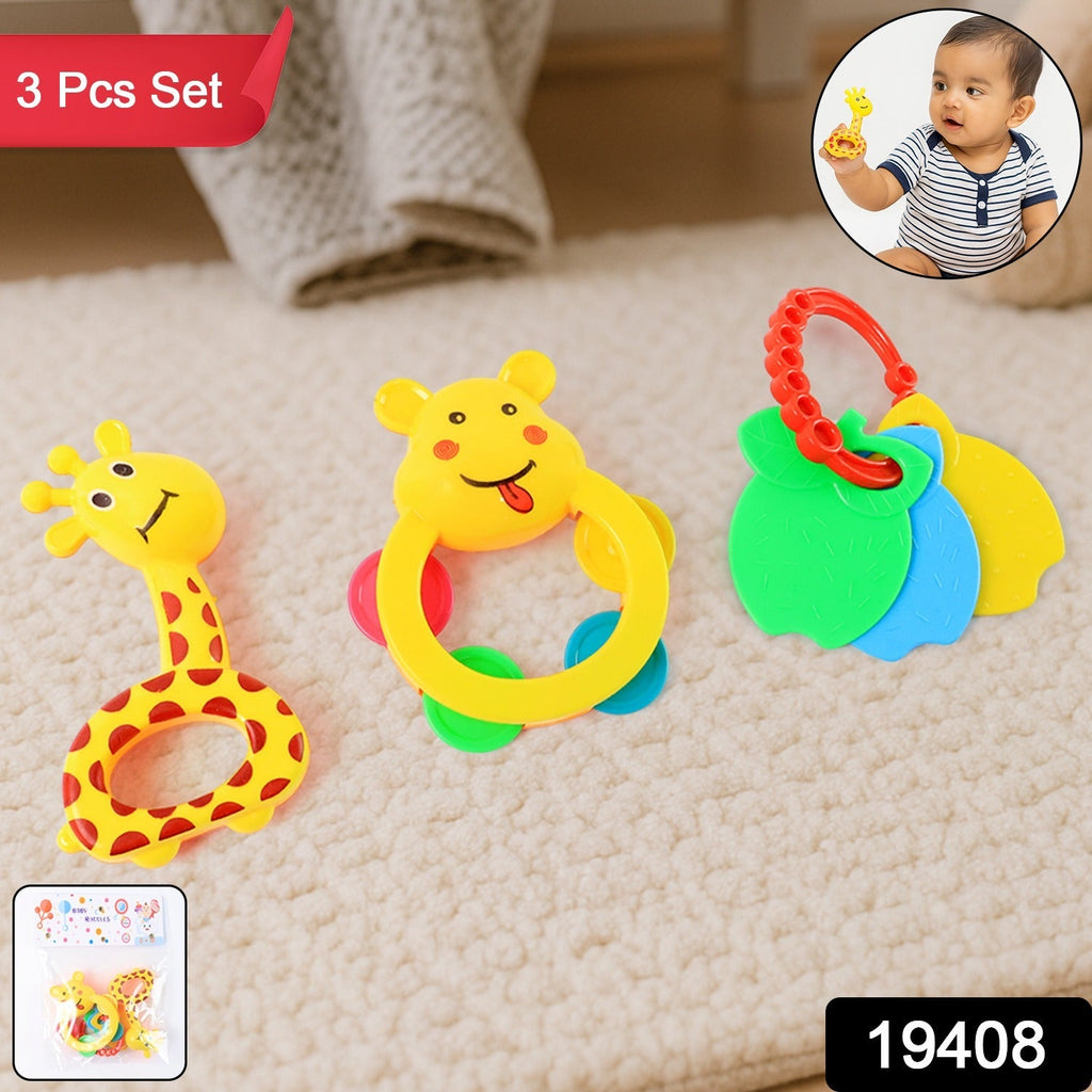 Close-up view of colorful animal-shaped baby rattles in safe BPA-free plastic