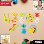 Close-up of colorful infant rattle toys designed for tiny hands