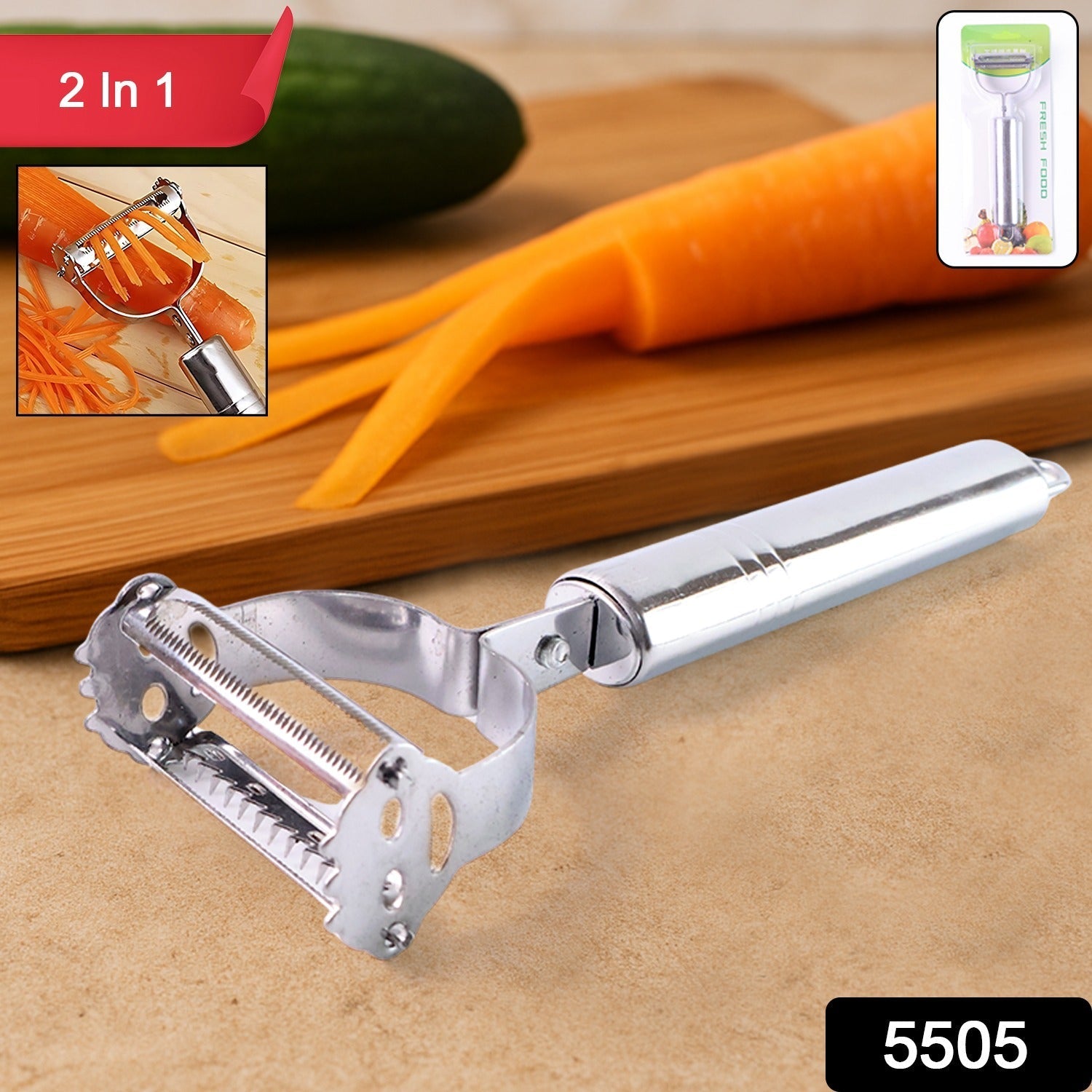 Close-up of dual-function stainless steel vegetable peeler and julienne cutter with ergonomic handle
