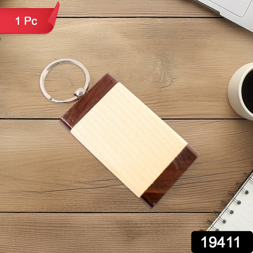 Close-up of dual-tone wooden rectangular keychain highlighting detailed finish