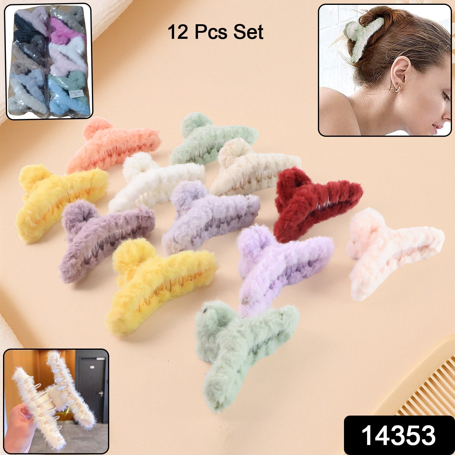 Close-up of multicolour soft fur coated hair claw clip for daily styling