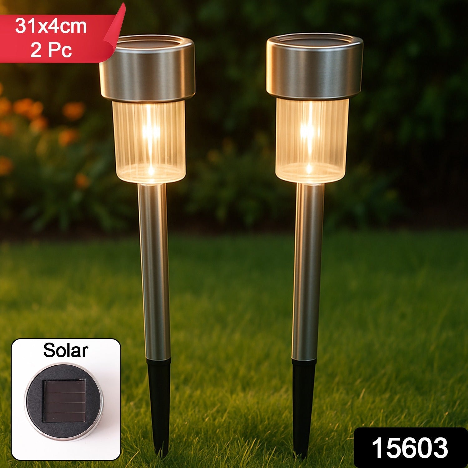 Solar LED outdoor pathway bollard light illuminating a garden pathway