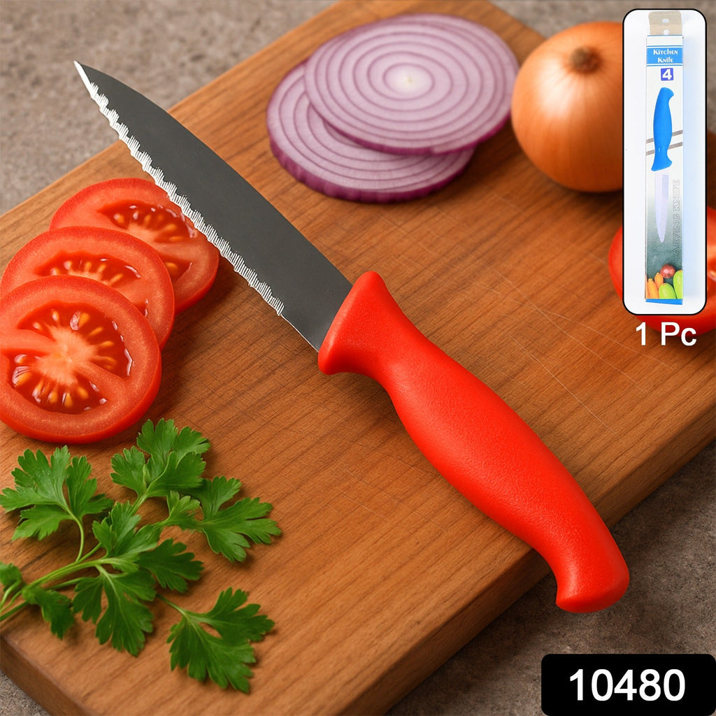 Sharp serrated kitchen knife slicing tomato easily