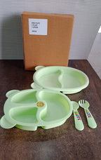 Close-up of kids mealtime feeding set highlighting colorful spoon designs