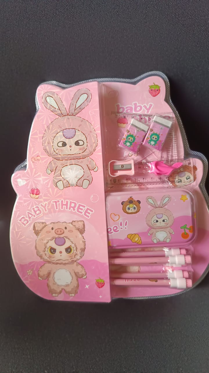 Cartoon stationery set for kids showing included pencils and accessories