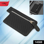 Close-up view of the black PU leather adhesive phone card holder with a secure zipper pocket.