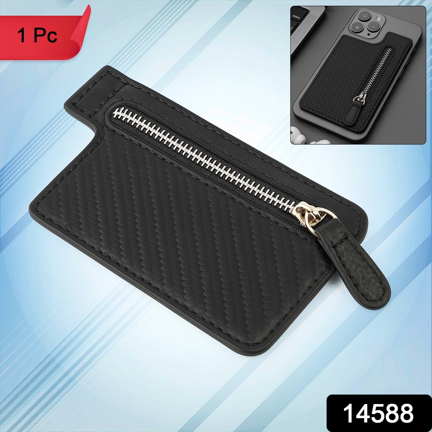 Close-up view of the black PU leather adhesive phone card holder with a secure zipper pocket.