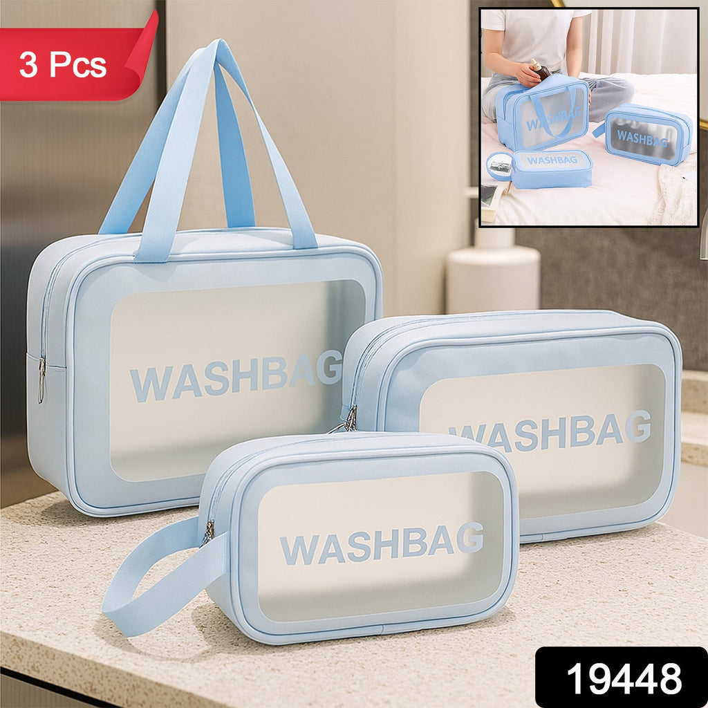 Triple combo travel toiletry bag set showing large, medium and small bags