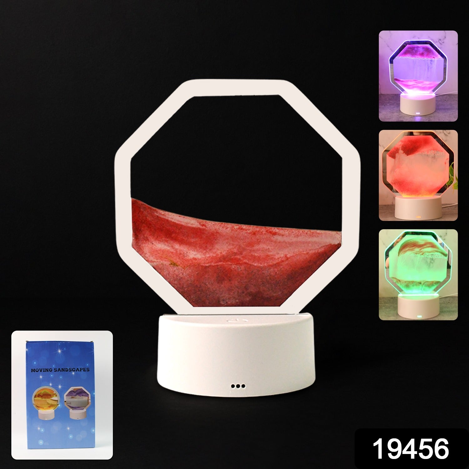 LED sand art lamp casting calming colored light creating a tranquil desktop ambiance