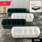 Four 5-compartment drawer organizers perfectly fit inside a drawer, holding socks.