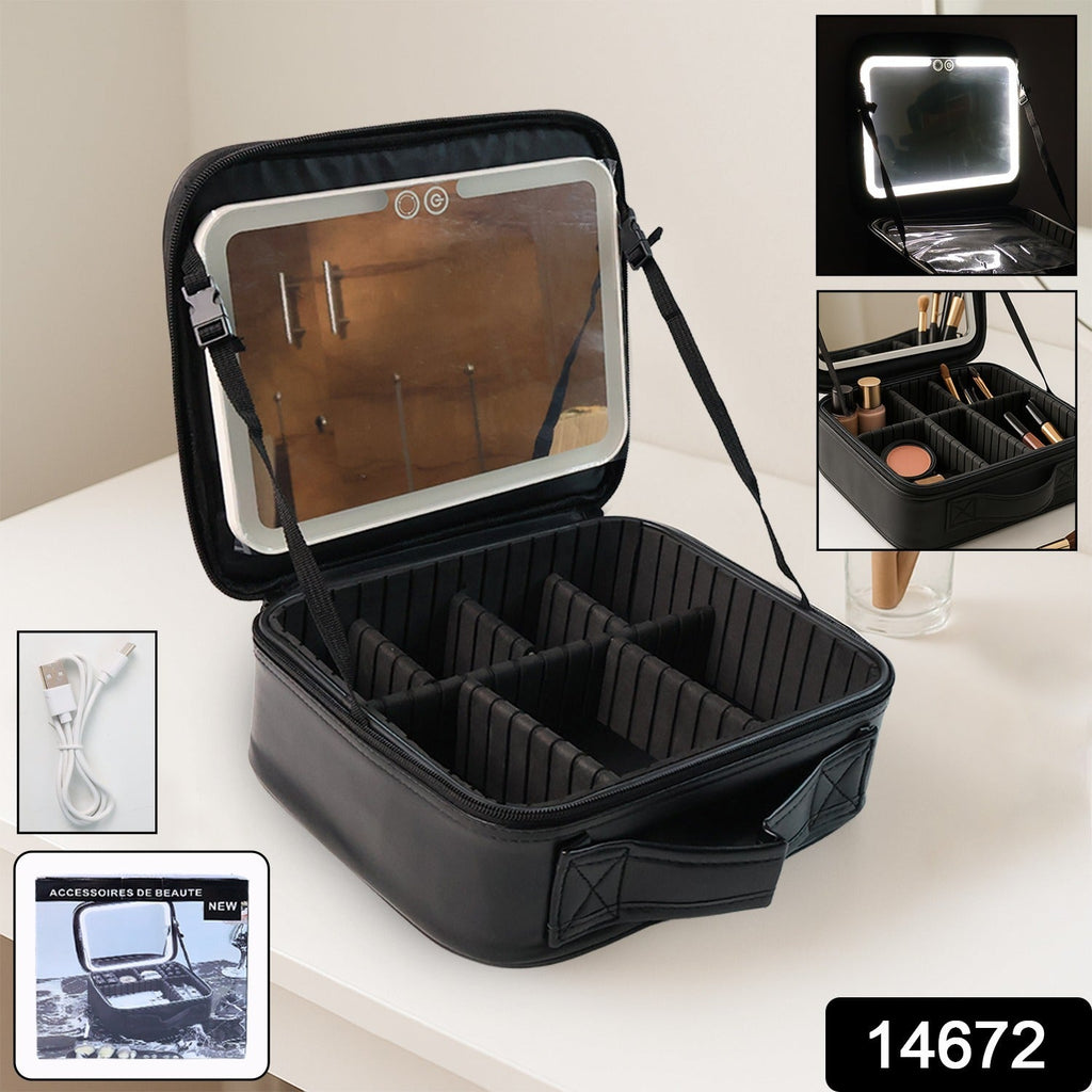 Open LED makeup organizer box showing adjustable storage compartments
