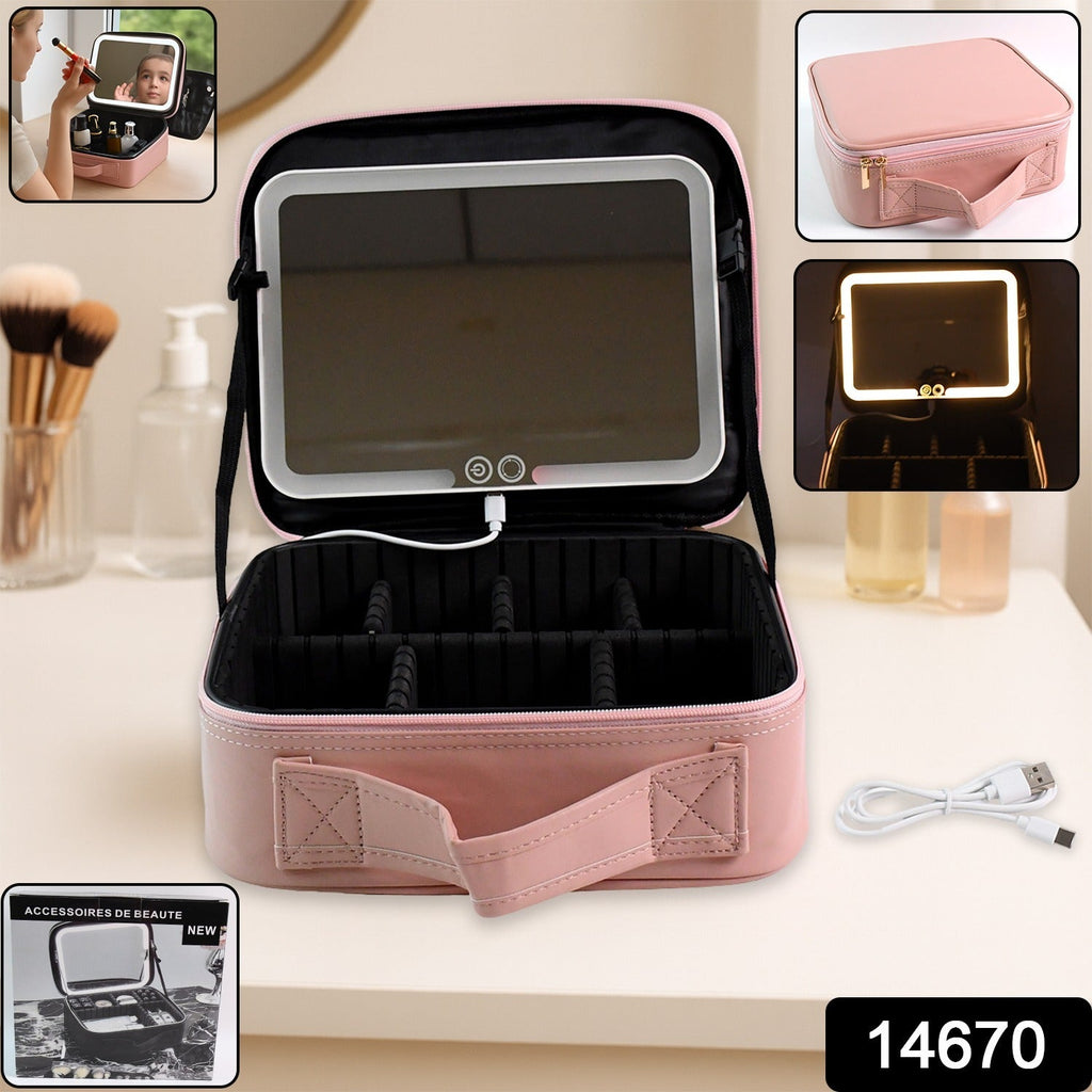 Travel makeup case with USB rechargeable LED lighted mirror