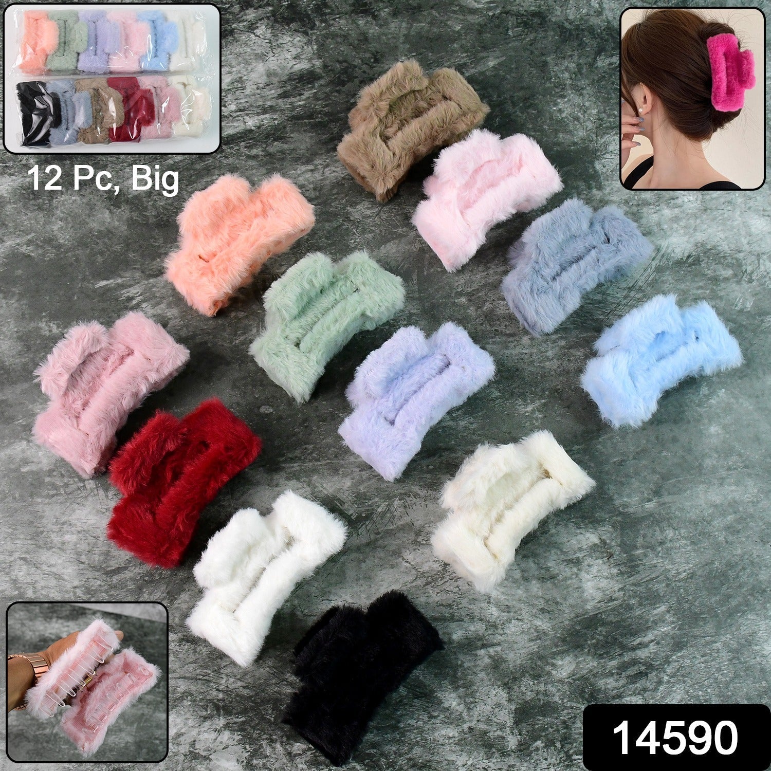 Oversized fluffy faux fur hair claw clip holding thick hair securely