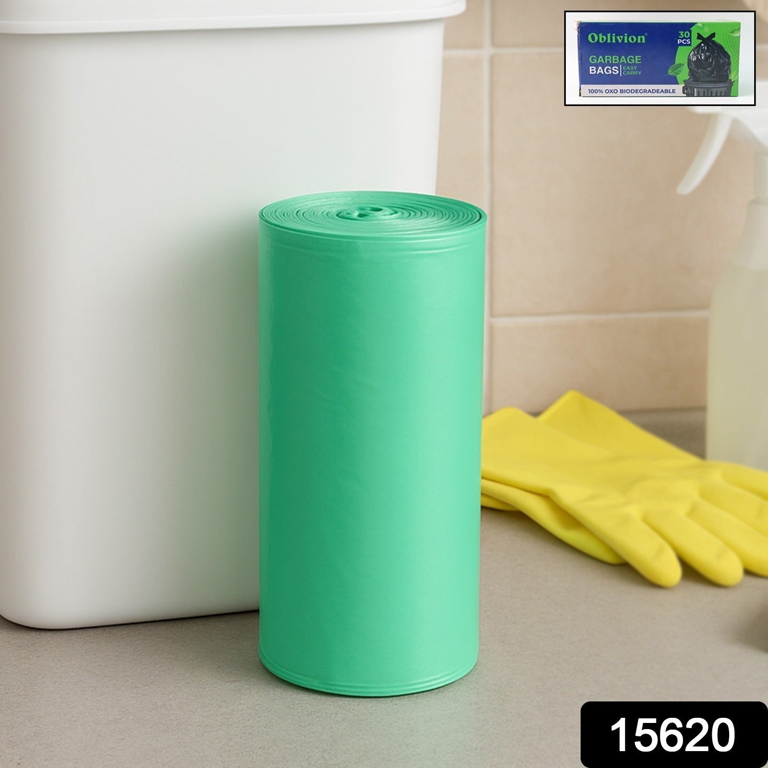 Rolled biodegradable green trash bags suitable for small bin liners