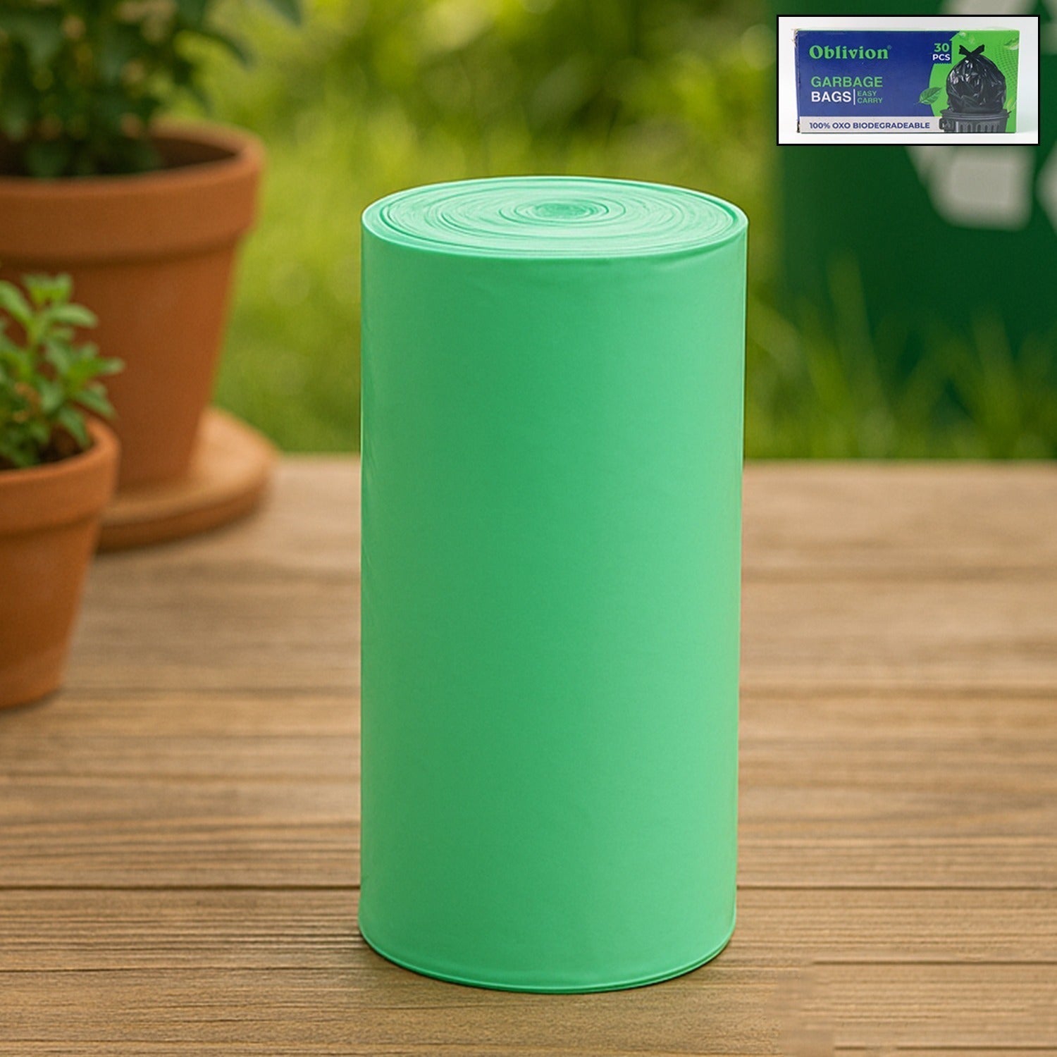 Green compostable garbage bags made from sustainable corn starch measuring 17 by 19 inches.