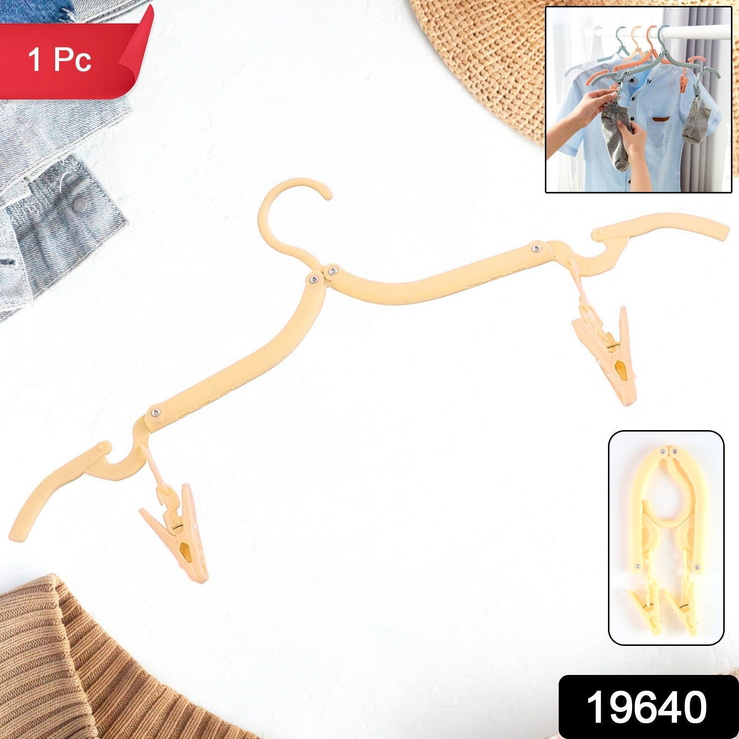 Clothes hanging on adjustable folding hanger with secure clips