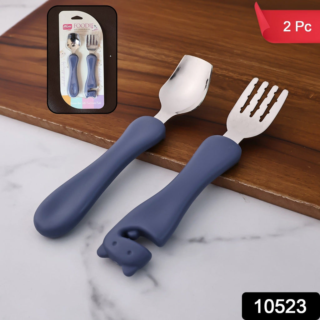 Toddler-friendly stainless steel spoon and fork set with ergonomic grip