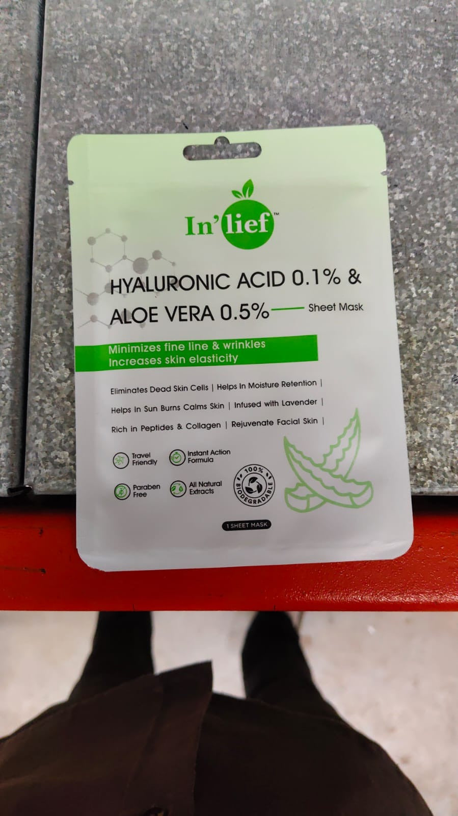 In'lief hydrating facial mask product display with active ingredients