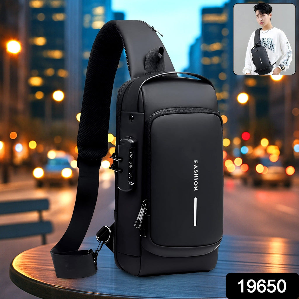 Model wearing smart casual anti-theft crossbody sling bag with USB port
