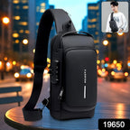 Model wearing smart casual anti-theft crossbody sling bag with USB port