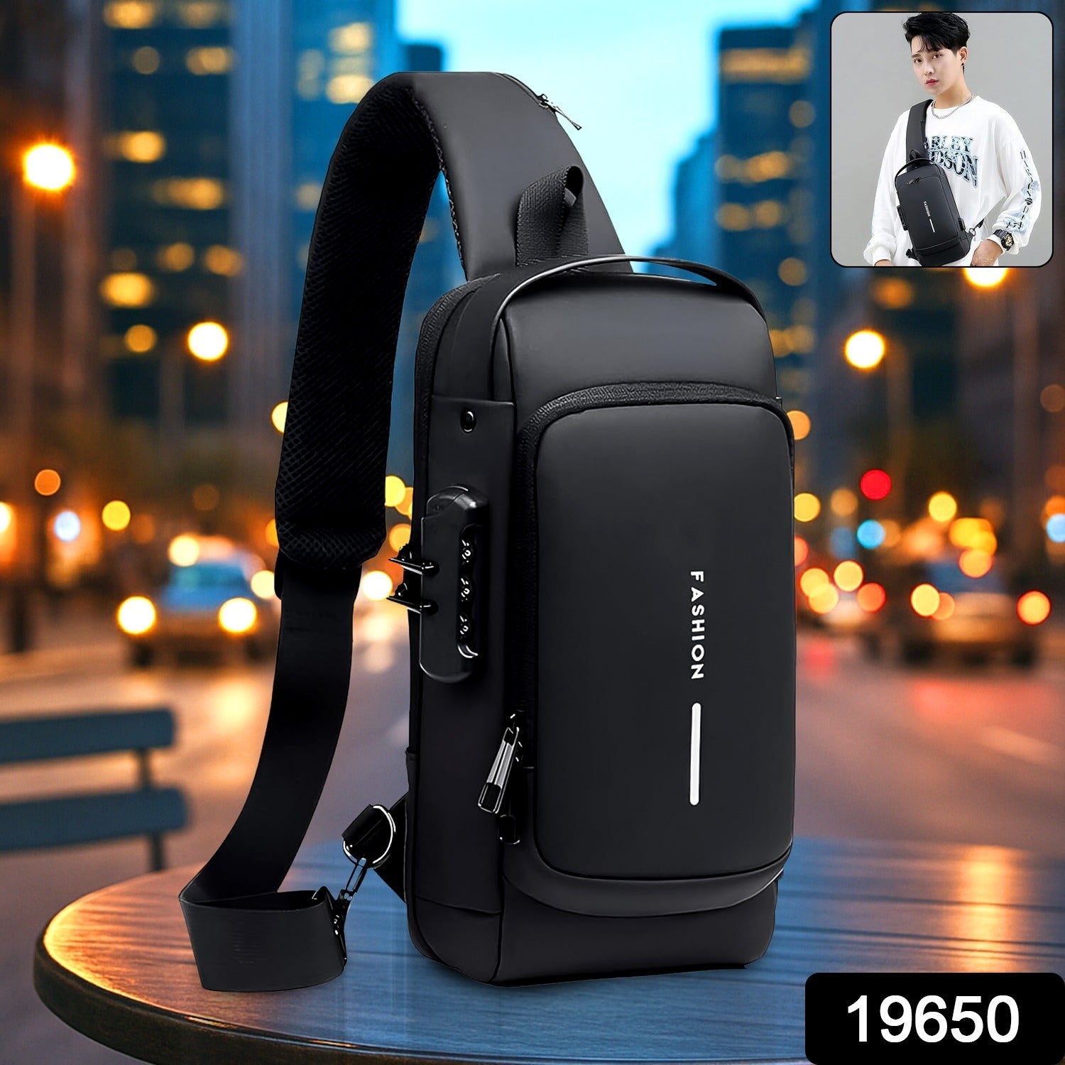 Model wearing smart casual anti-theft crossbody sling bag with USB port