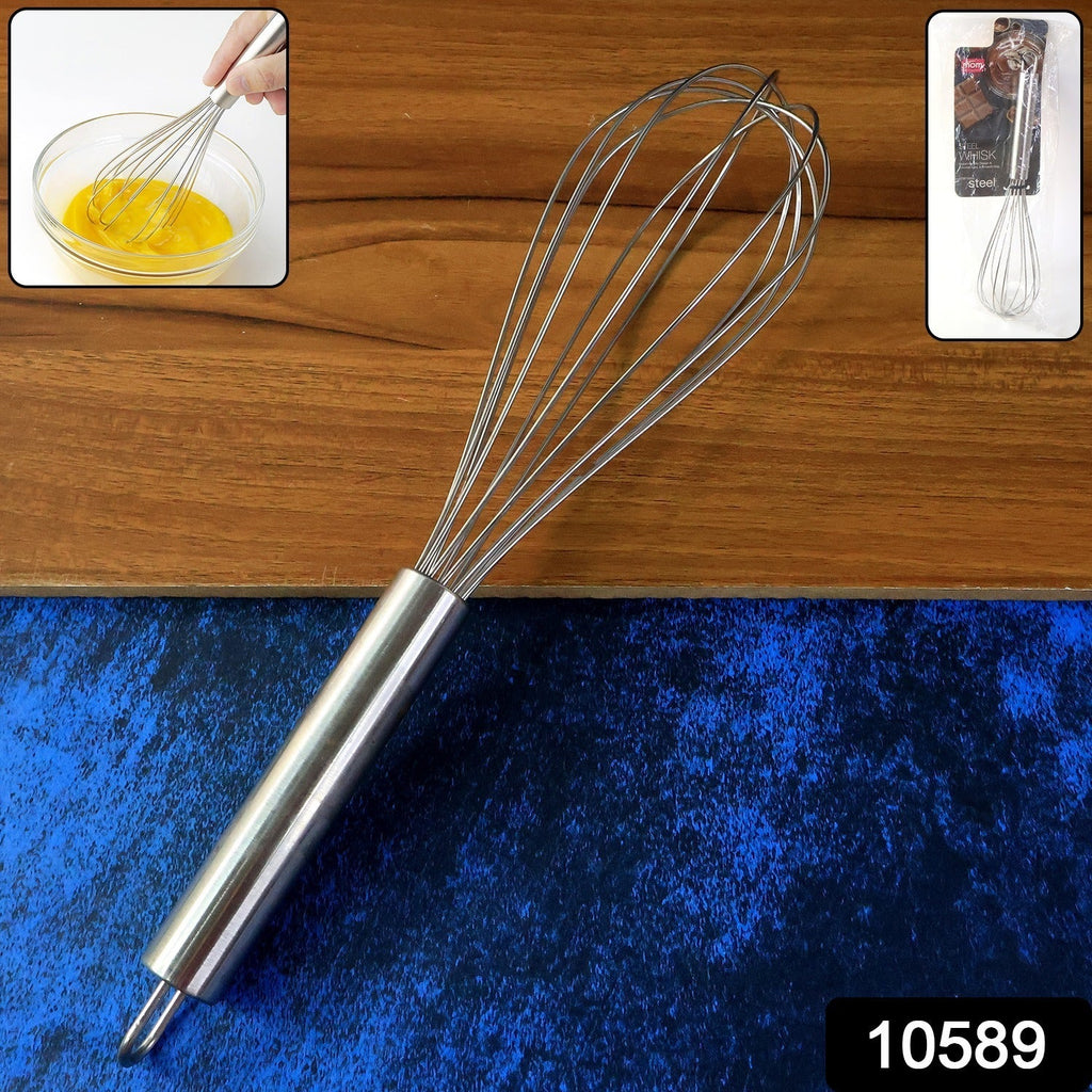 Front view of stainless steel wire whisk ideal for mixing eggs and batter