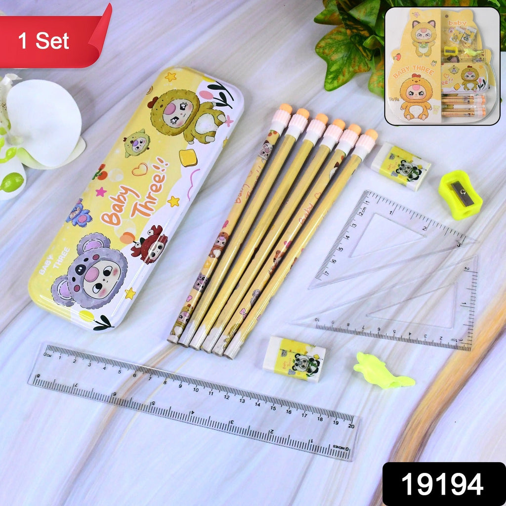 Metal geometry box with colorful cartoon print and geometry instruments