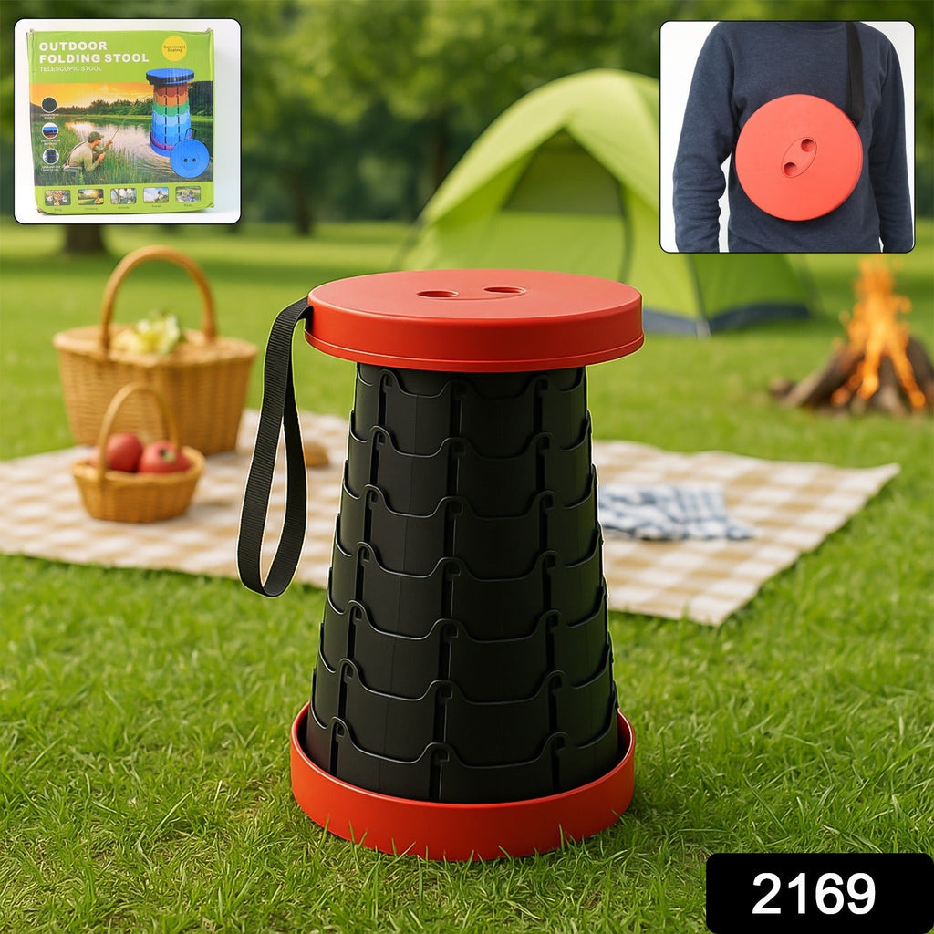 Compact portable telescopic folding stool with carry handle attached