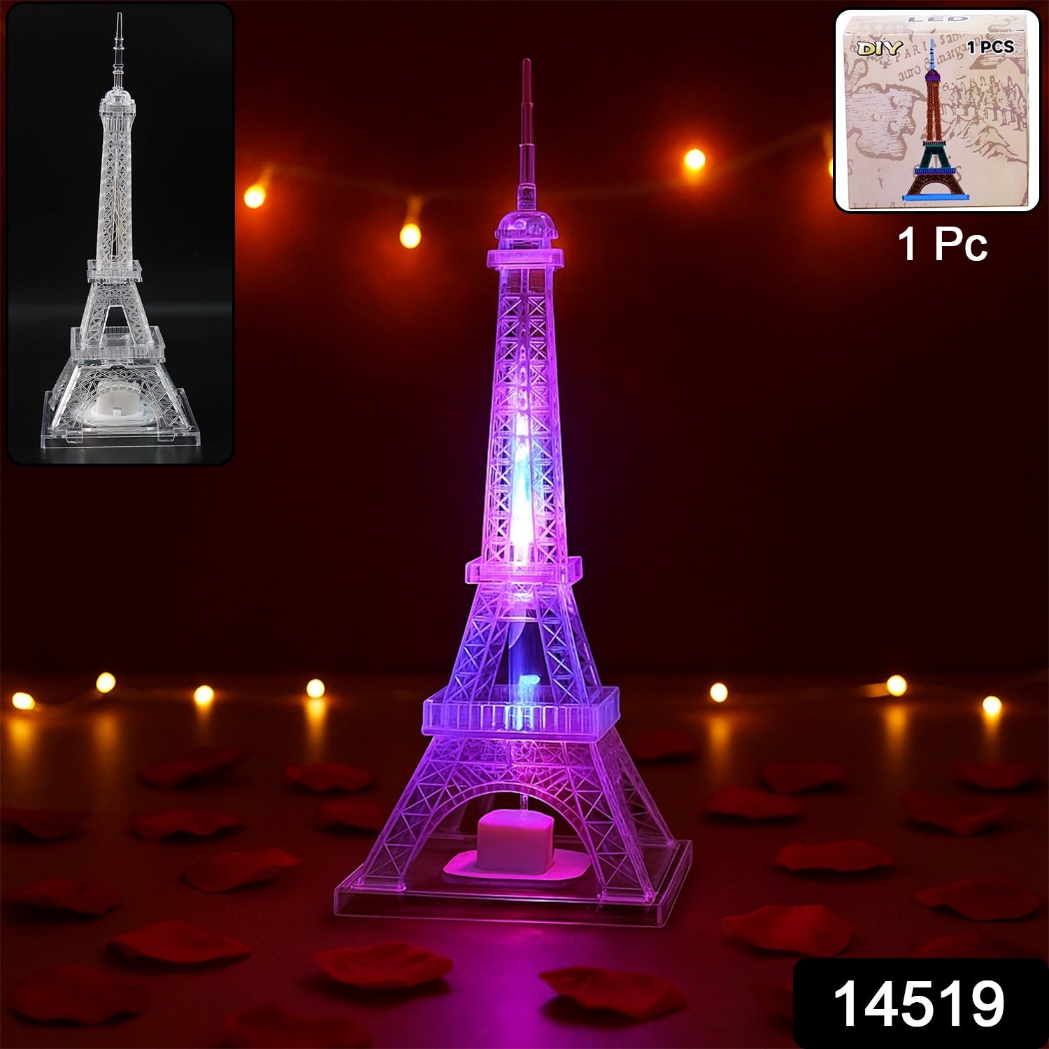 Multicolor LED Eiffel Tower night light glowing softly in a dark room