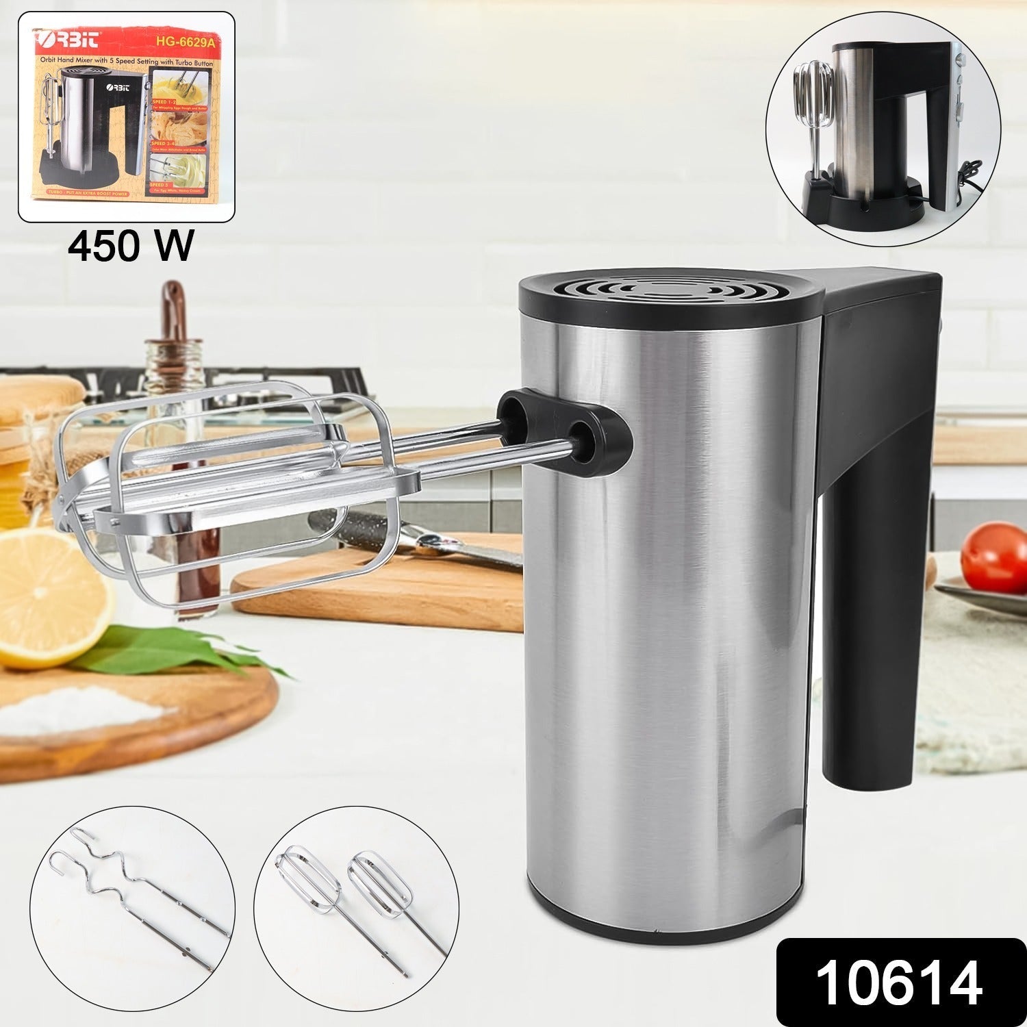 Orbit electric hand mixer shown with ergonomic handle and attachments