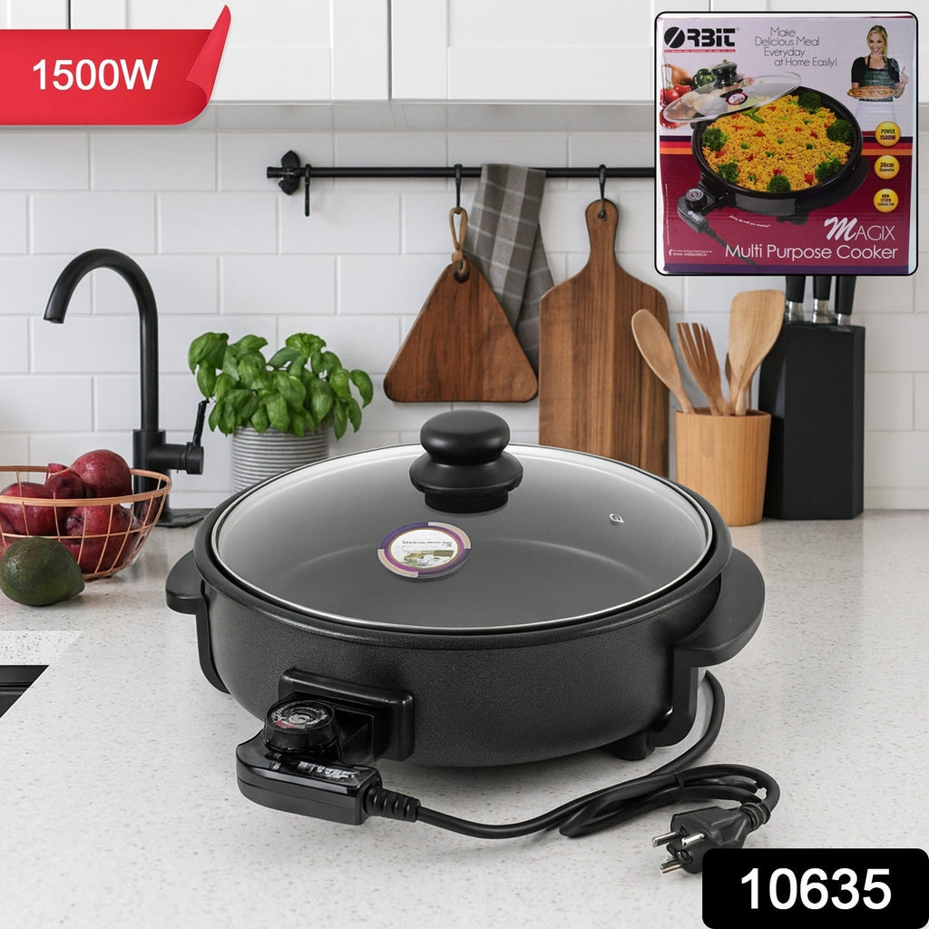 Orbit electric multi-purpose cooker showing compact design and heat-resistant handles