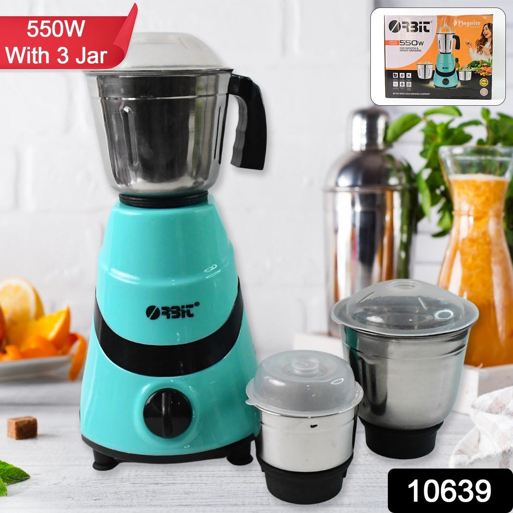 Orbit mixer grinder kitchen appliance with stainless steel jars and powerful motor.