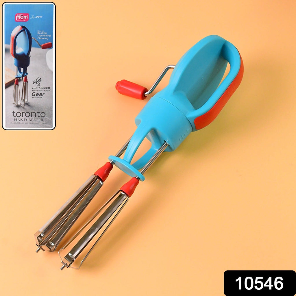 Close-up of dual stainless steel whisks on manual hand beater