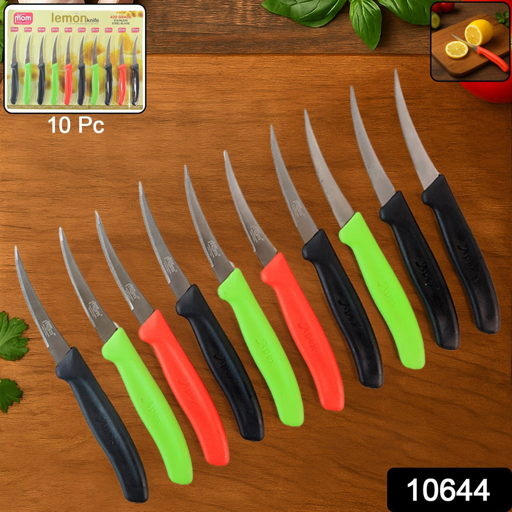 Close-up of stainless steel lemon knife with colorful handle for kitchen use