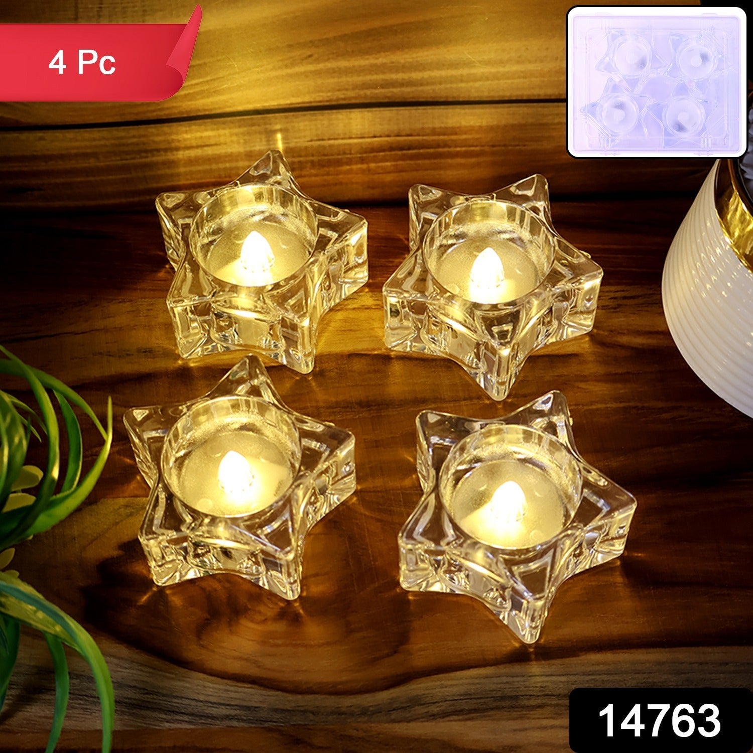 Decorative battery-operated star-shaped LED candles in cozy home setting