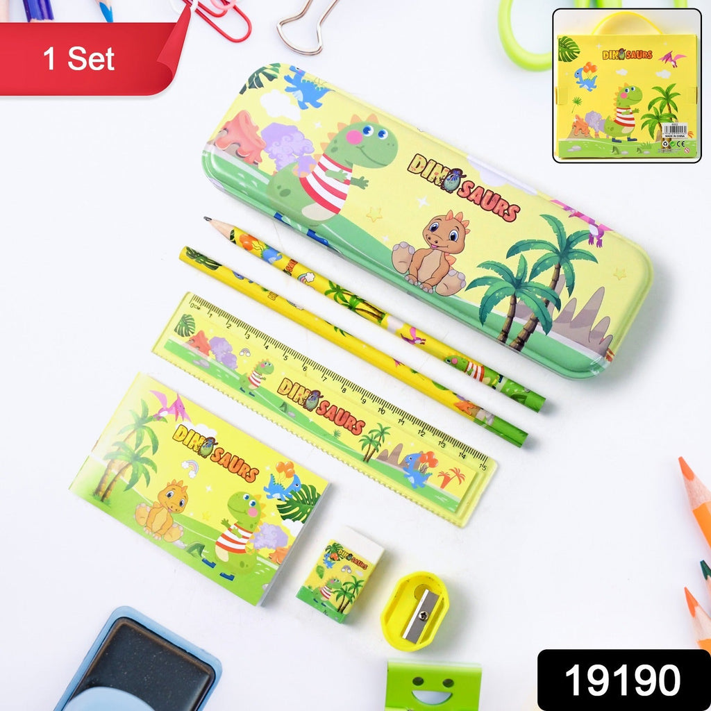 Close-up view of dinosaur printed pencil box and included school supplies