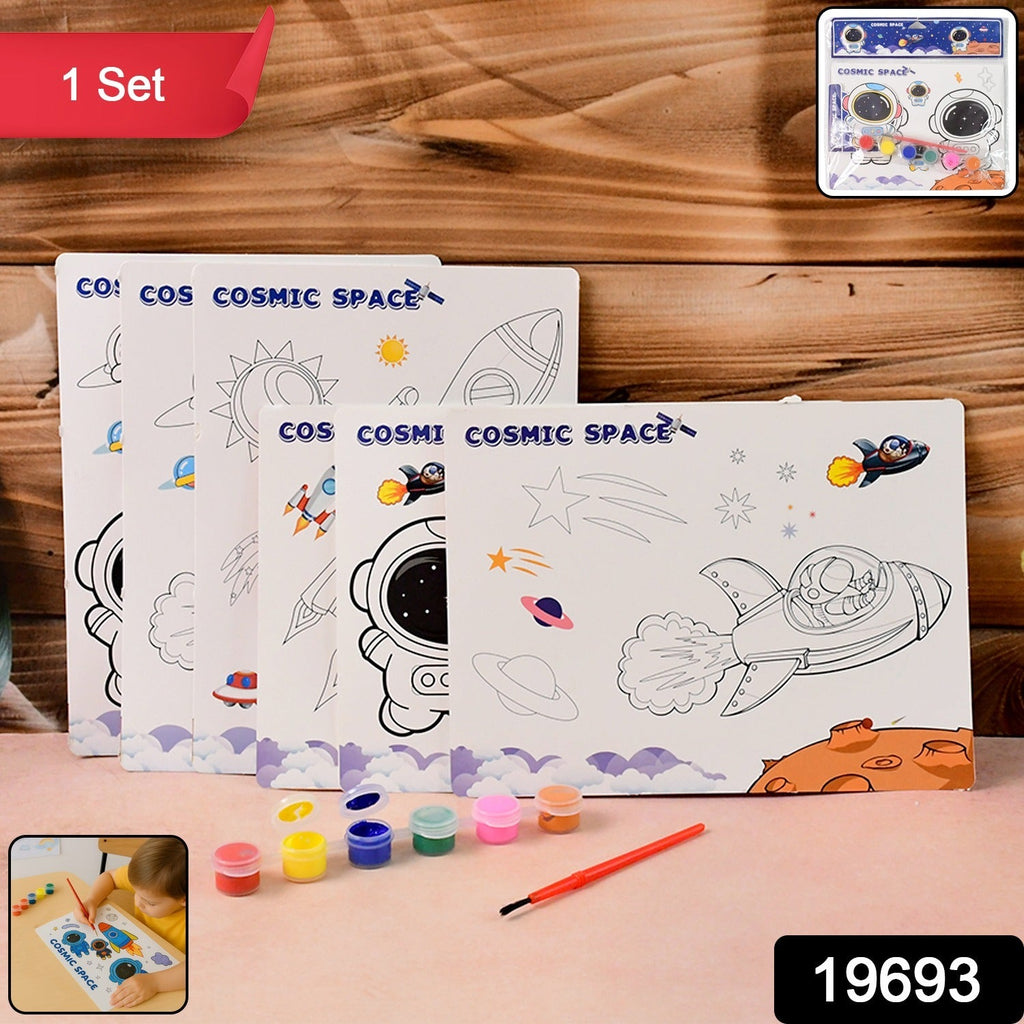 Close-up of cosmic space themed painting kit paints and brushes for kids creative art