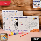 Close-up of cosmic space themed painting kit paints and brushes for kids creative art