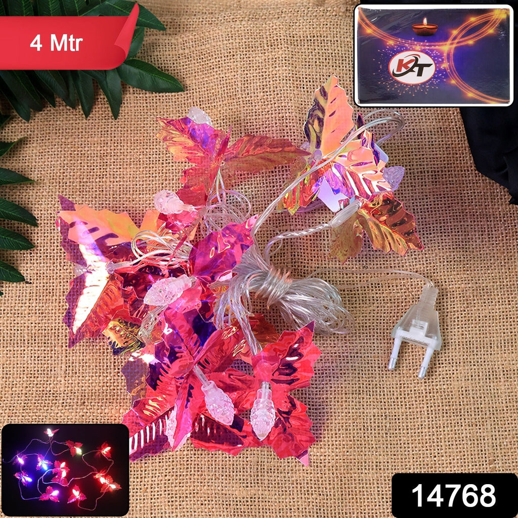Close-up of decorative LED string lights featuring colorful leaf-shaped covers