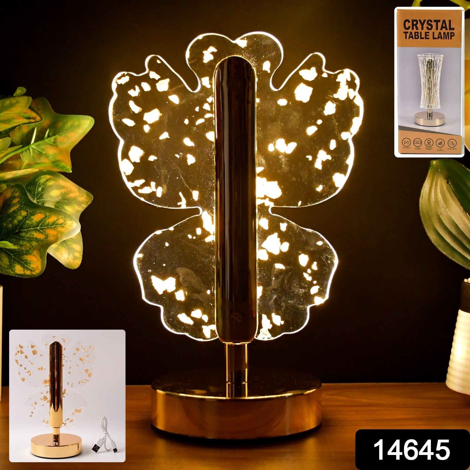 Golden base of crystal butterfly LED table lamp showing metallic finish