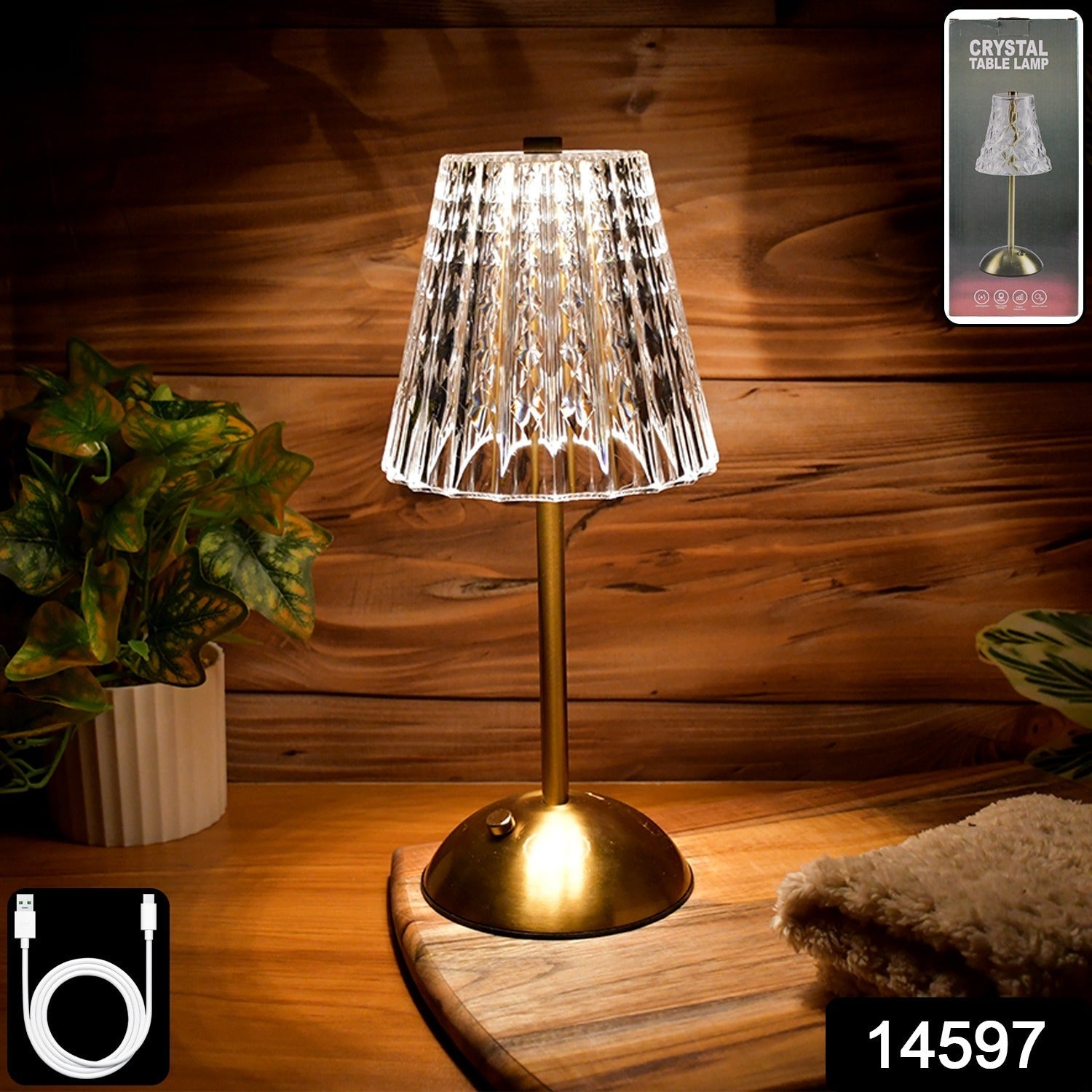 Close-up of crystal table lamp showcasing crystal-cut shade and warm ambient LED light