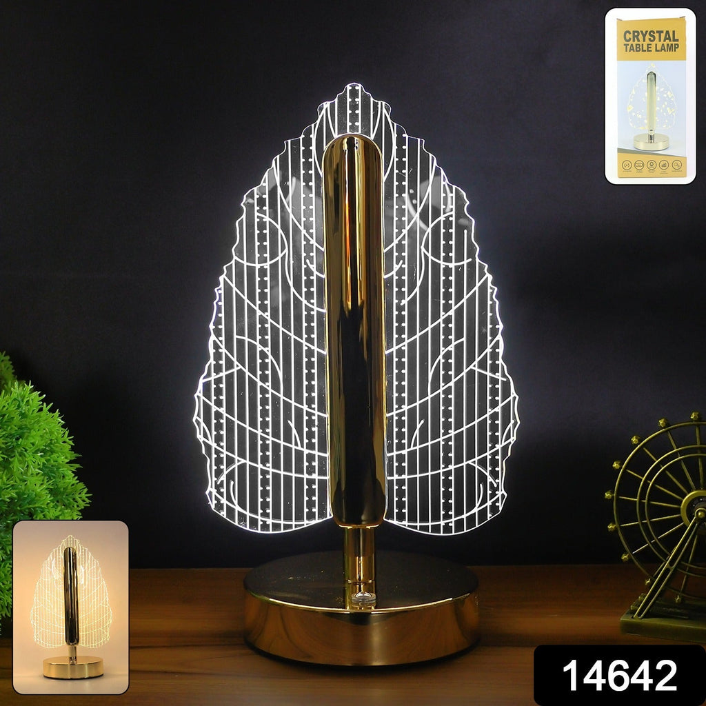 LED table lamp featuring plastic leaf design shade and golden base