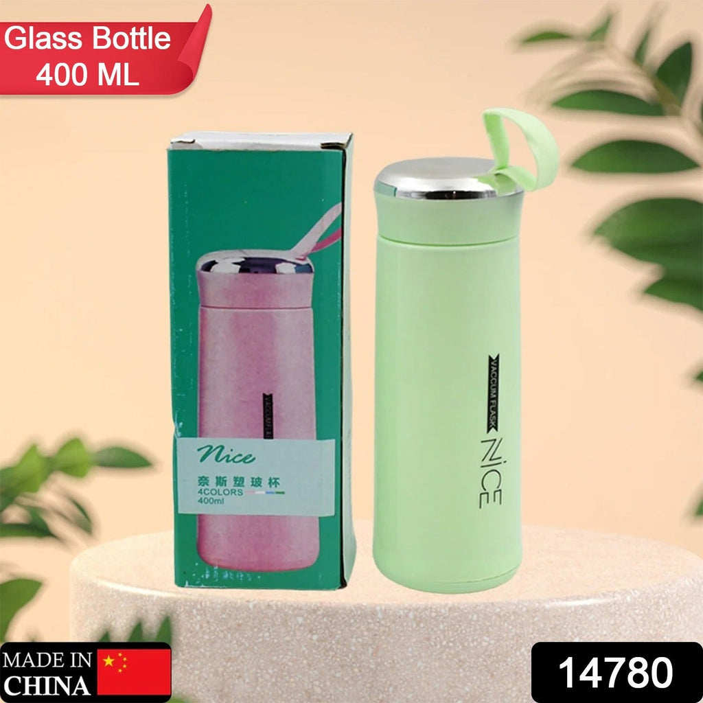 Glass water bottle 400ml in stylish light green color for gym and school
