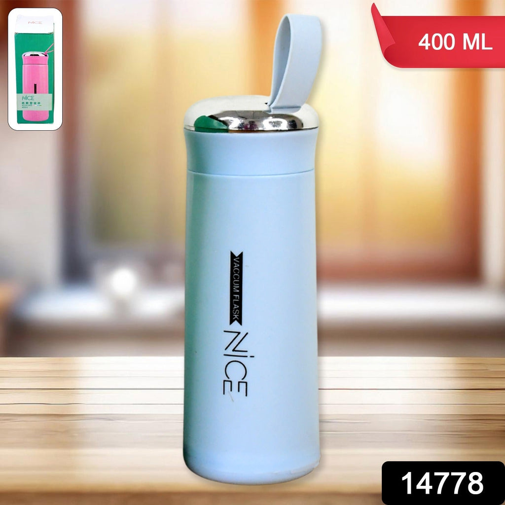 Side view of light blue 400ml leak proof glass water bottle