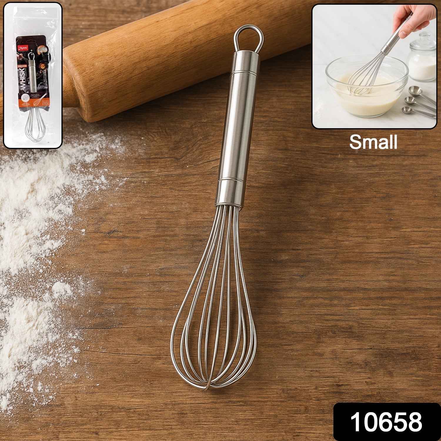 Close-up of hand whisk showing ergonomic handle and stainless steel wires
