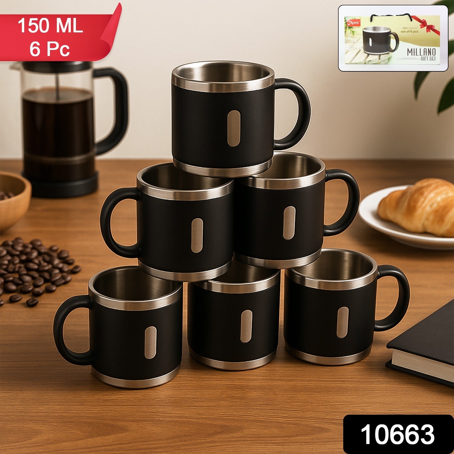 Close-up of premium double wall coffee mug gift set with matte black finish