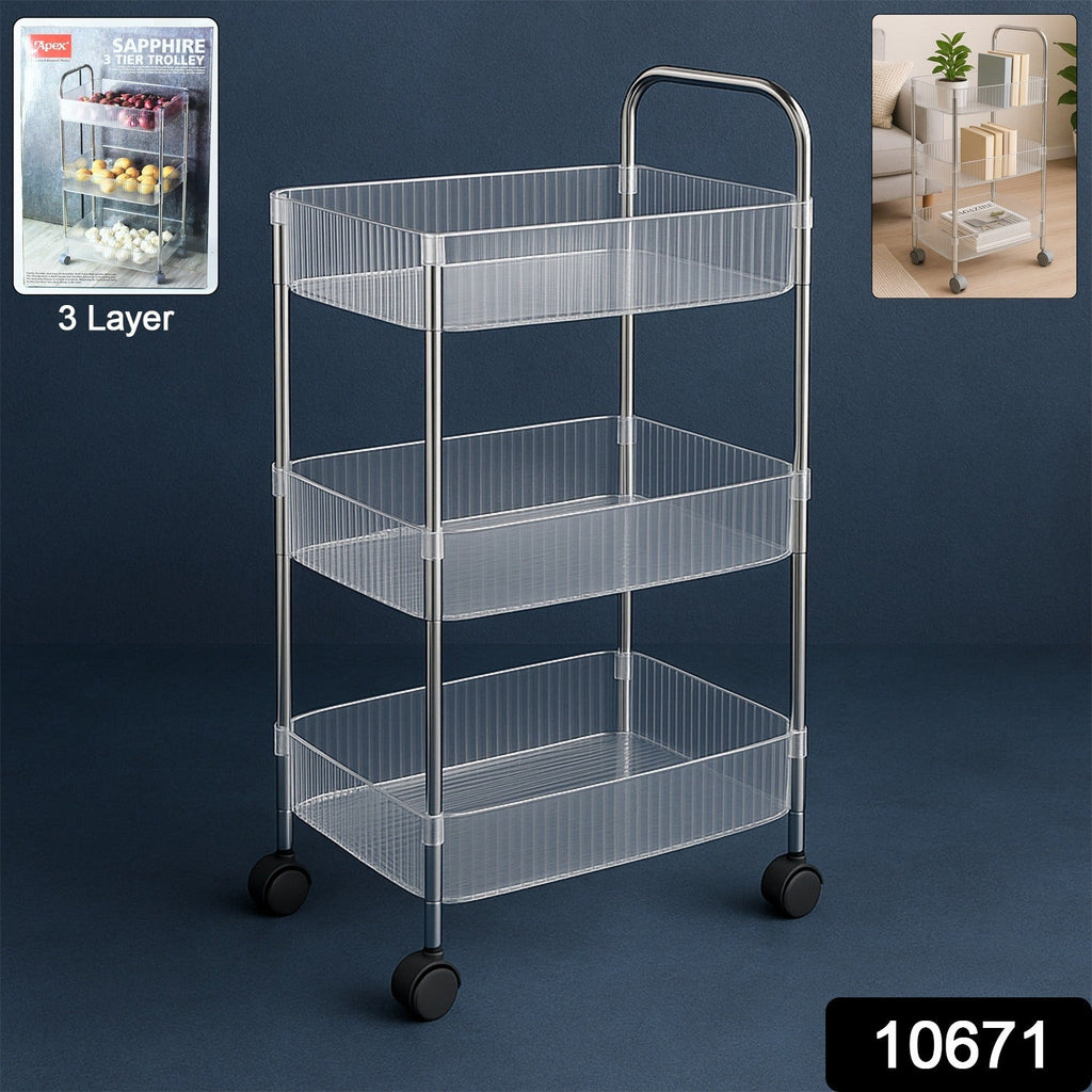 Side view of 3-layer storage trolley with smooth-rolling wheels