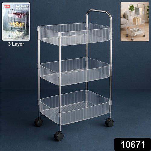Side view of 3-layer storage trolley with smooth-rolling wheels