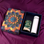 Luxury designer gift box containing Kulfi Almonds and stainless steel bottle